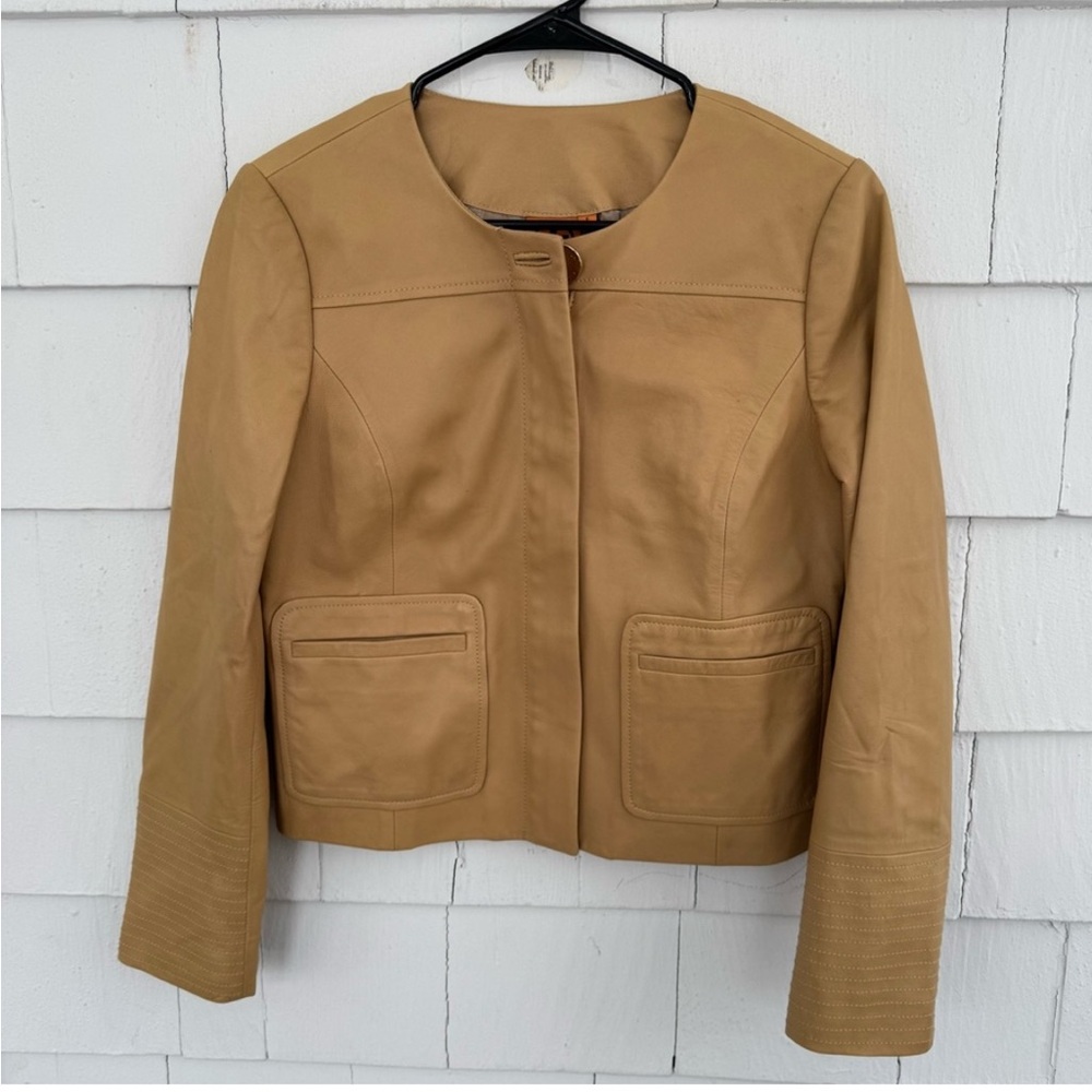 Tory Burch Full Zip Front Leather Jacket Camel Tan size 6